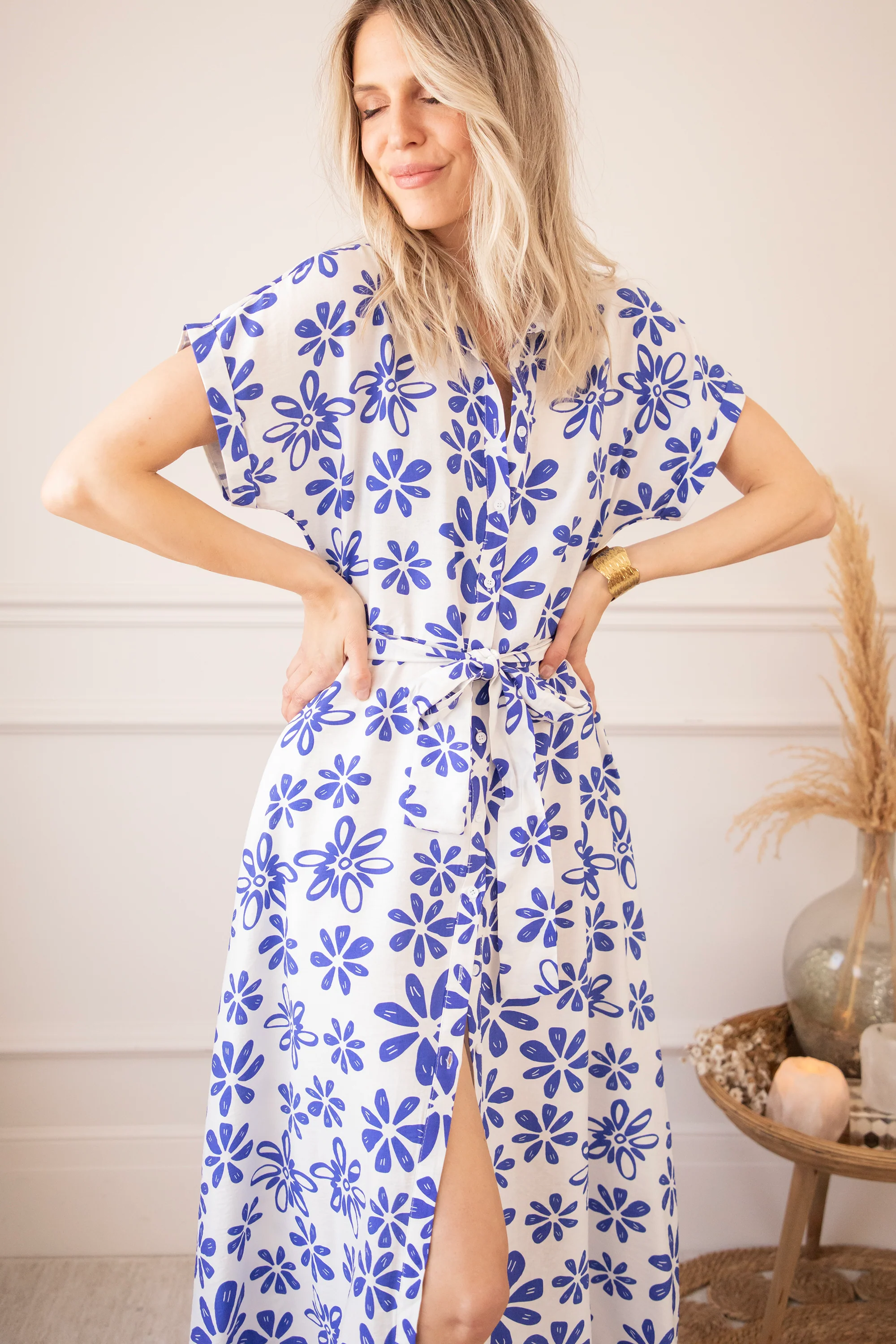 Bloom Oasis White/Dark Blue - Maxi Jurk