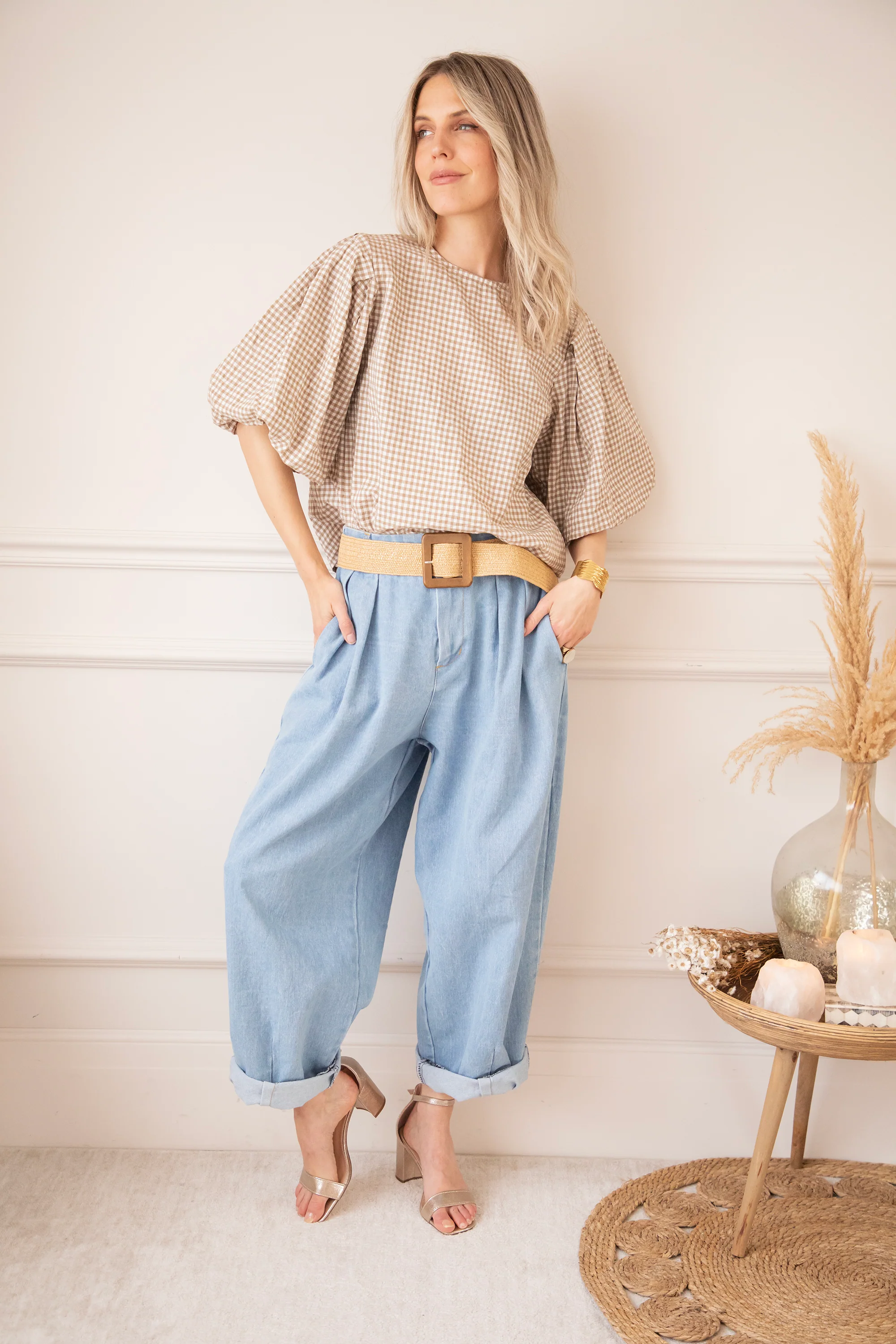 Candice Check Taupe - Blouse - Image 11