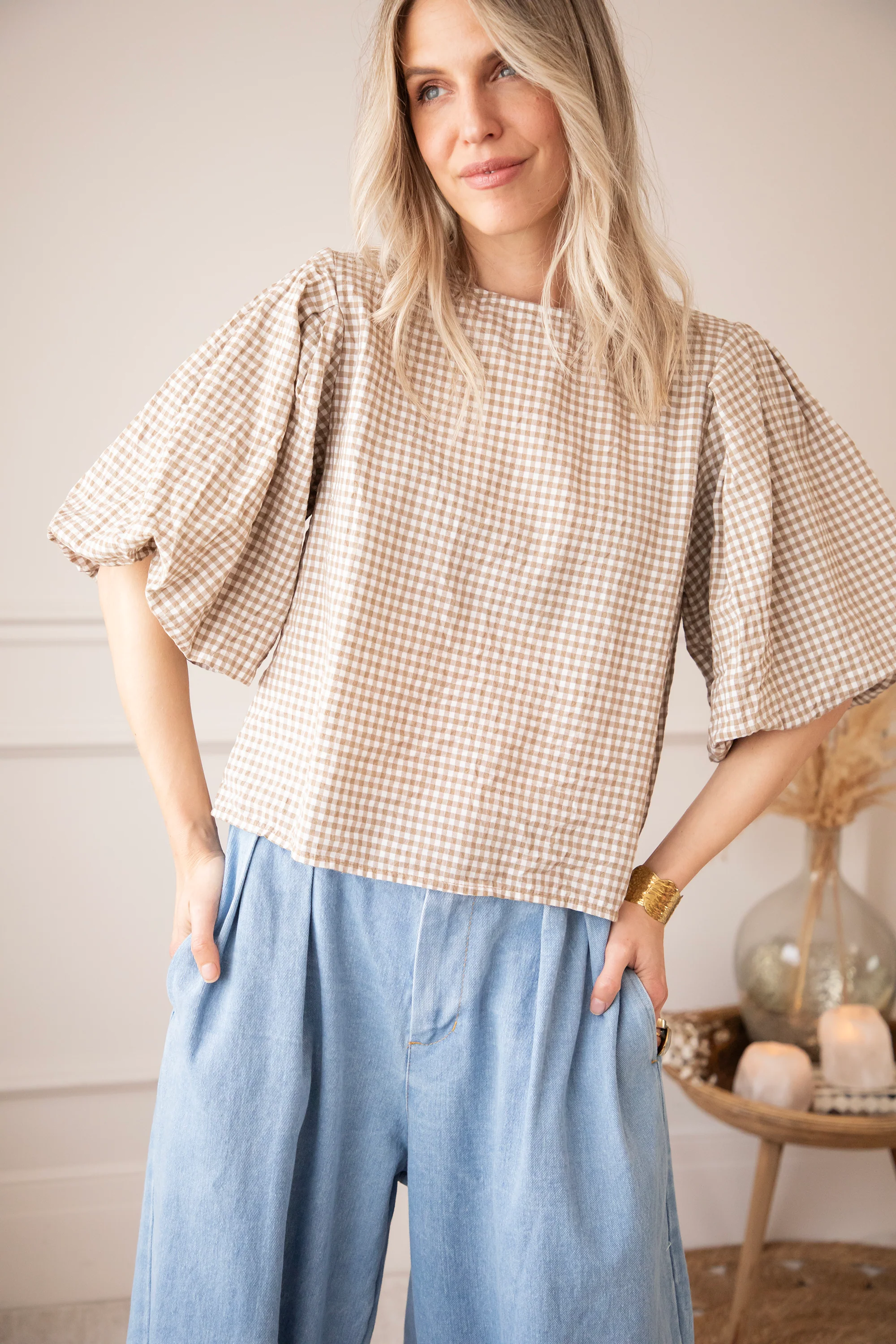 Candice Check Taupe - Blouse - Image 2