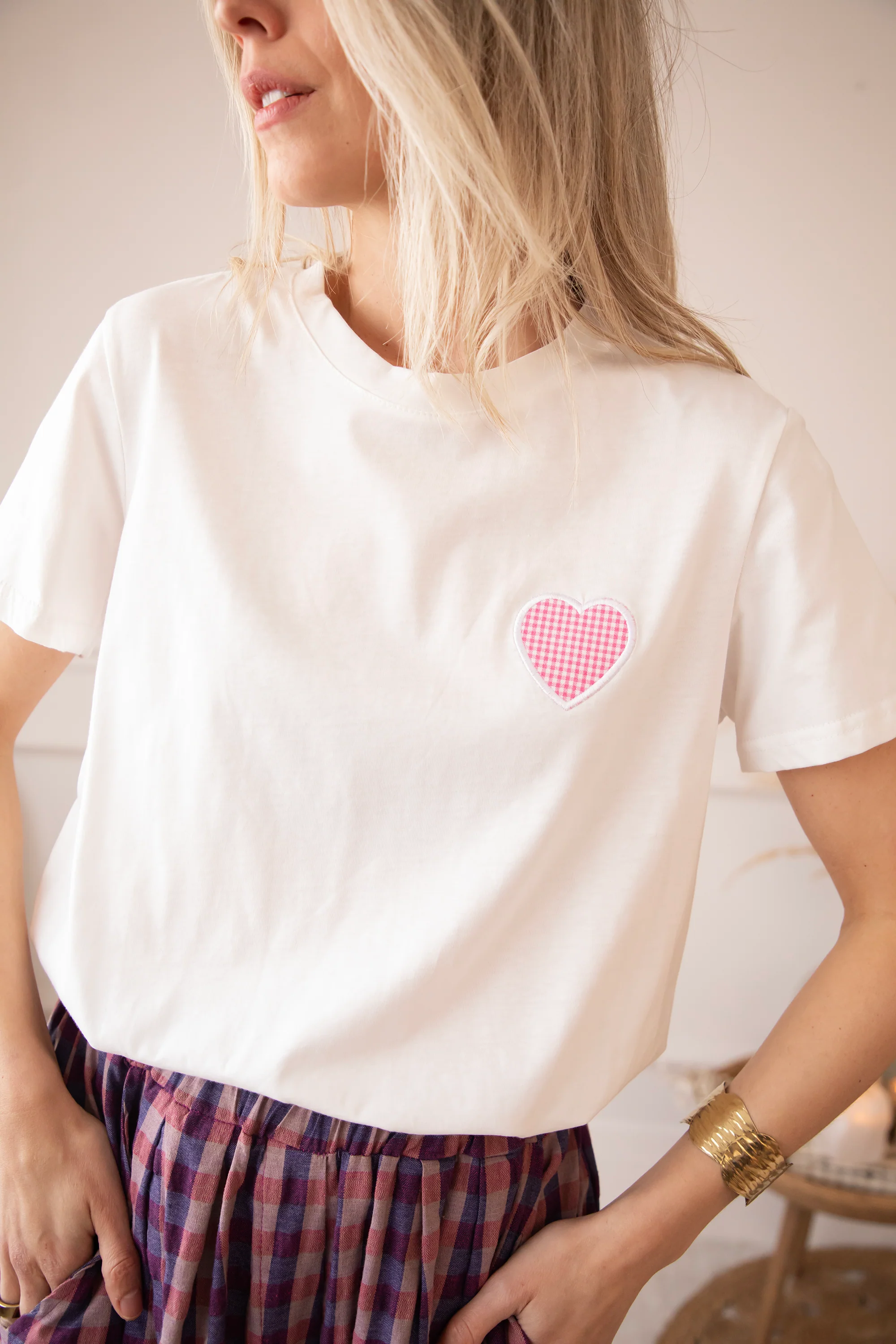 Checkered Beating Heart White/Pink - T-Shirt