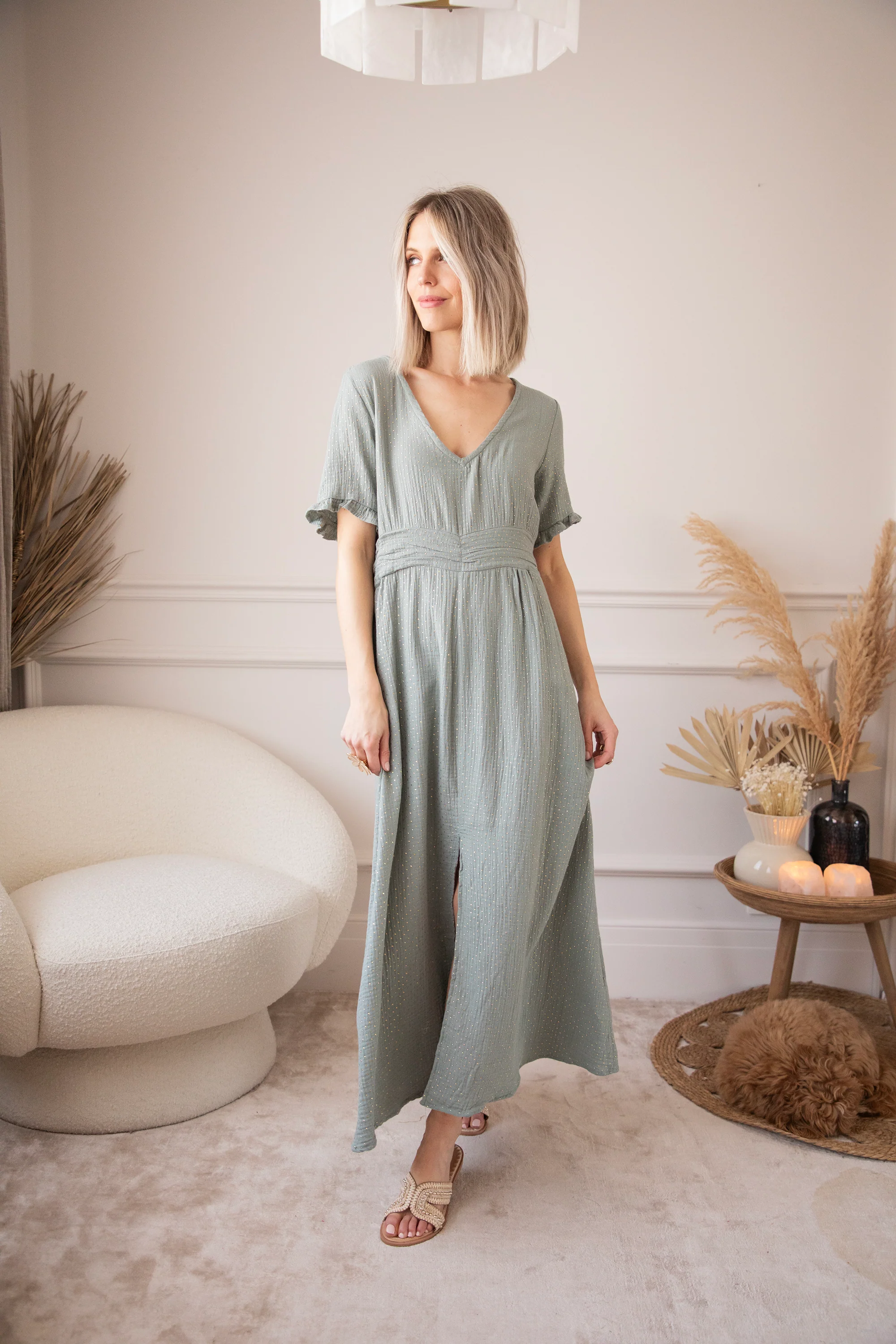 Gold Dots Dark Mint - Maxi Jurk - Image 3