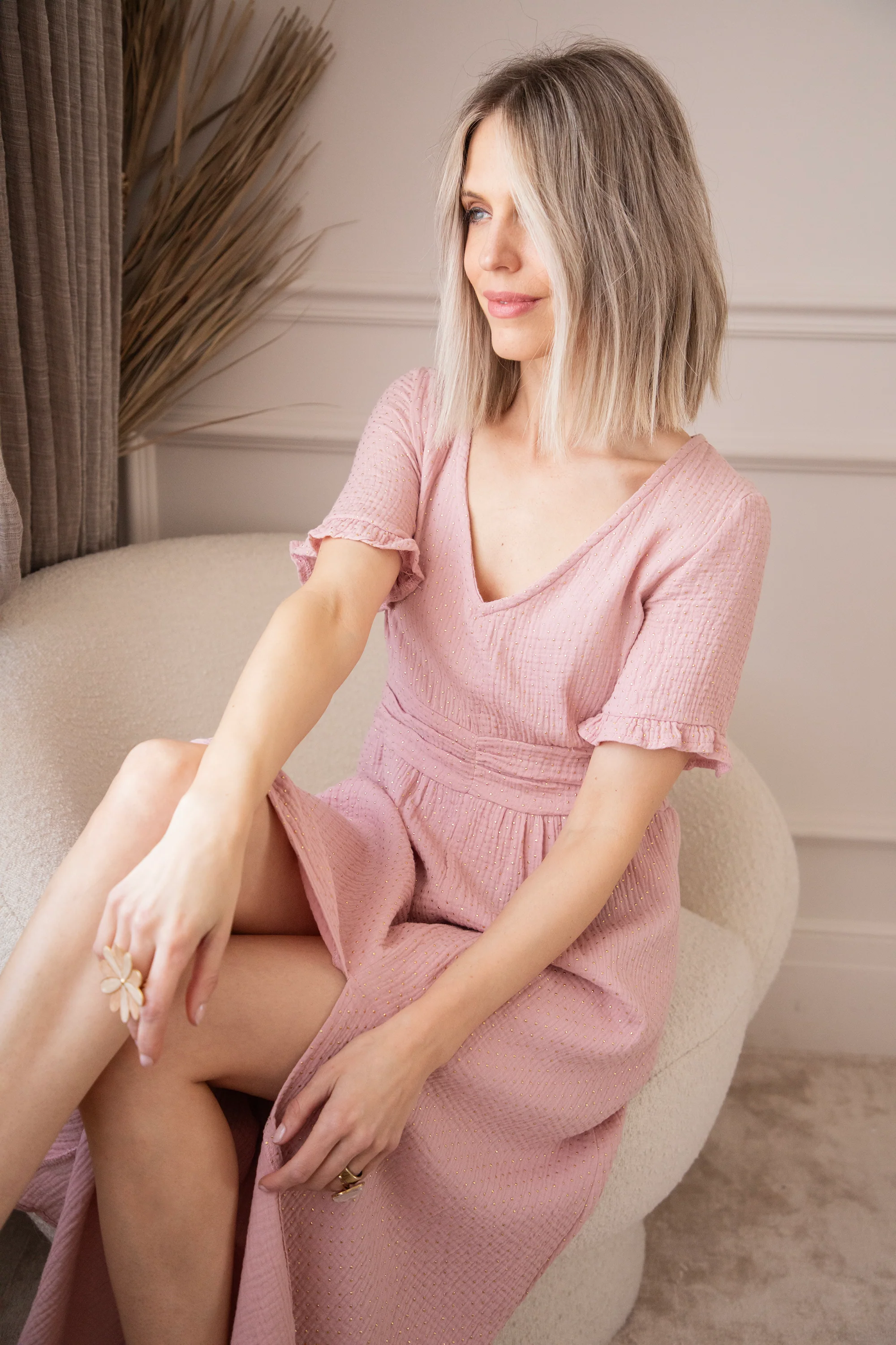 Gold Dots Old Pink - Maxi Jurk