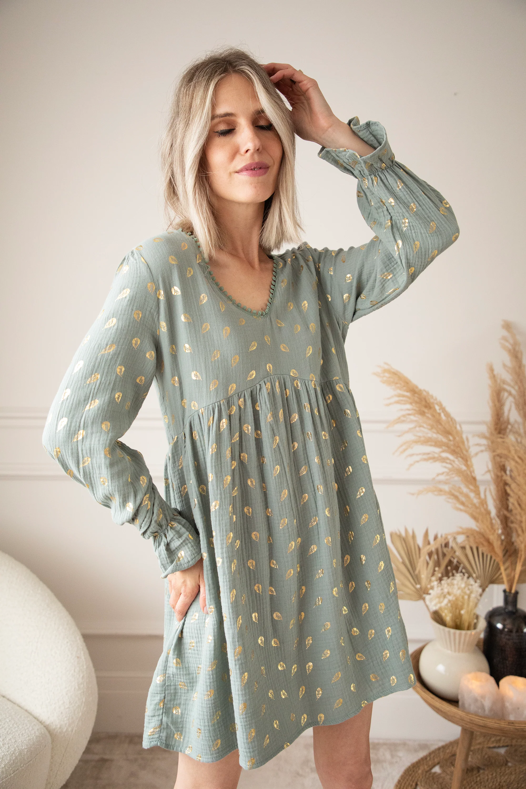 Gold Feather Dark Mint - Jurk