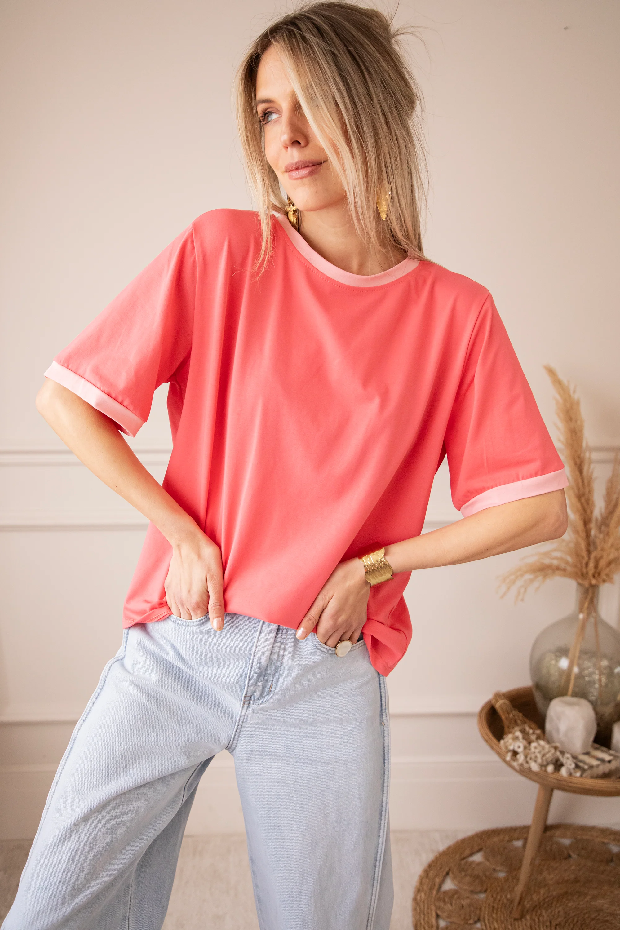 Sadie Contrast Coral/Baby Pink - T-Shirt - Image 2