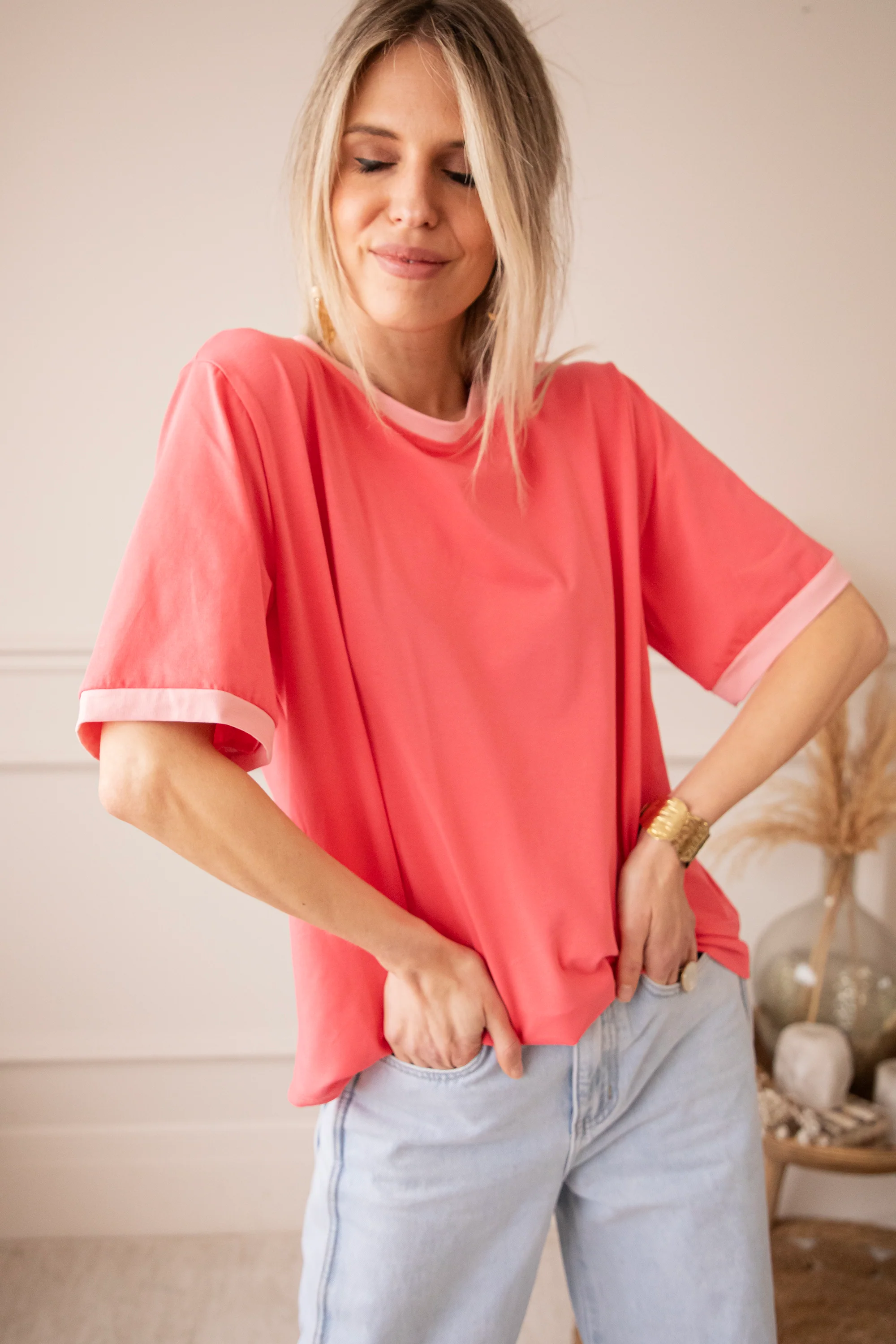 Sadie Contrast Coral/Baby Pink - T-Shirt - Image 3