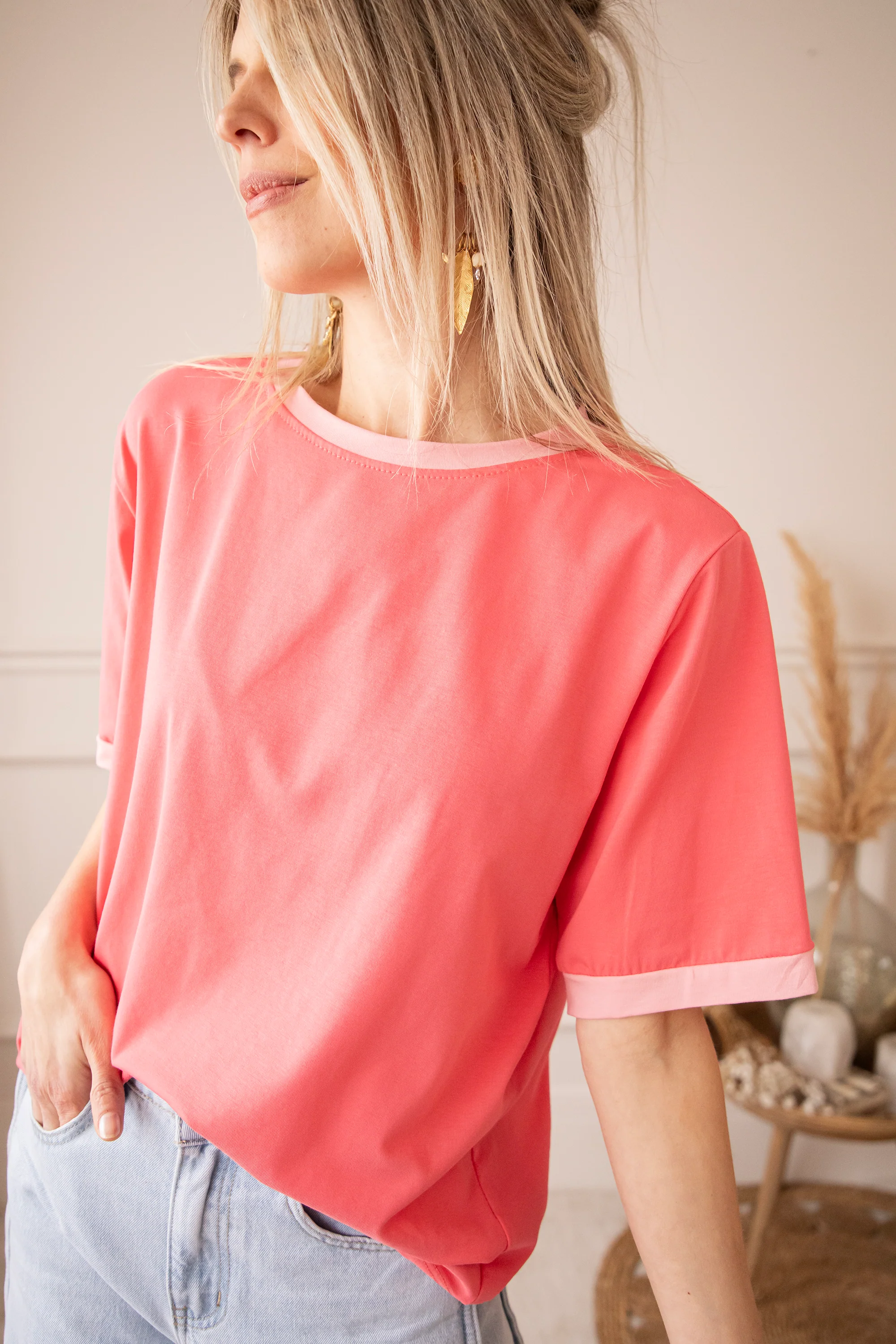 Sadie Contrast Coral/Baby Pink - T-Shirt - Image 5