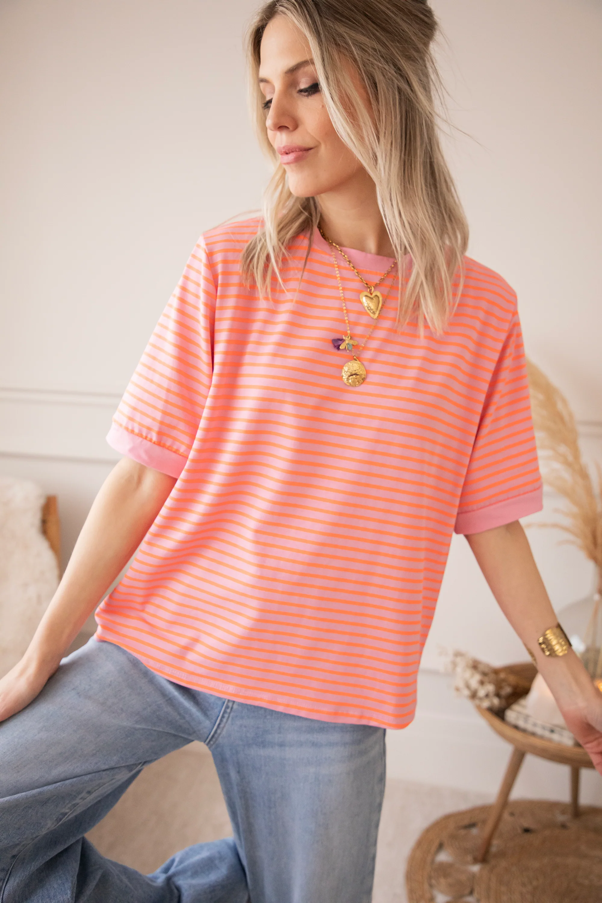 Sadie Stripe Baby Pink/Orange - T-Shirt - Image 3