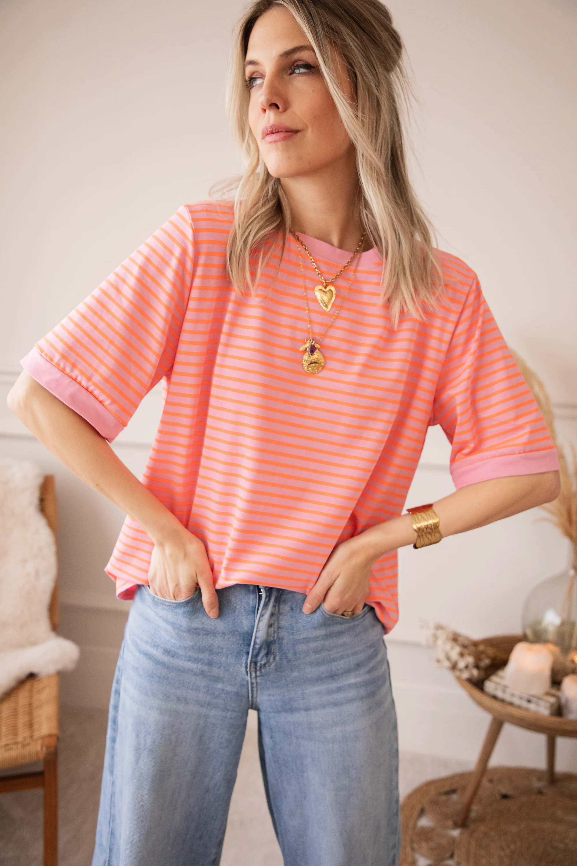 Sadie Stripe Baby Pink/Orange - T-Shirt - Image 4