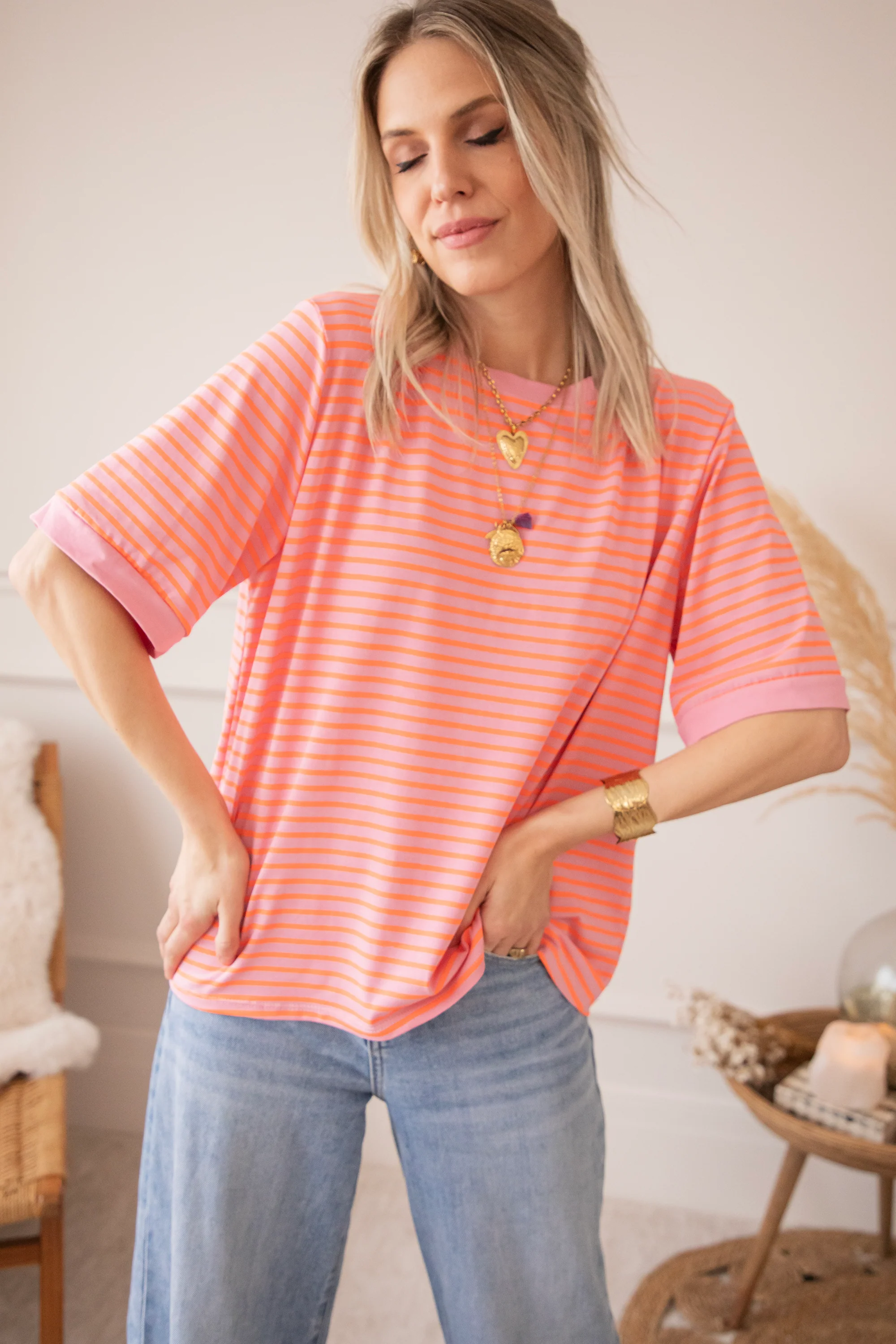 Sadie Stripe Baby Pink/Orange - T-Shirt - Image 5