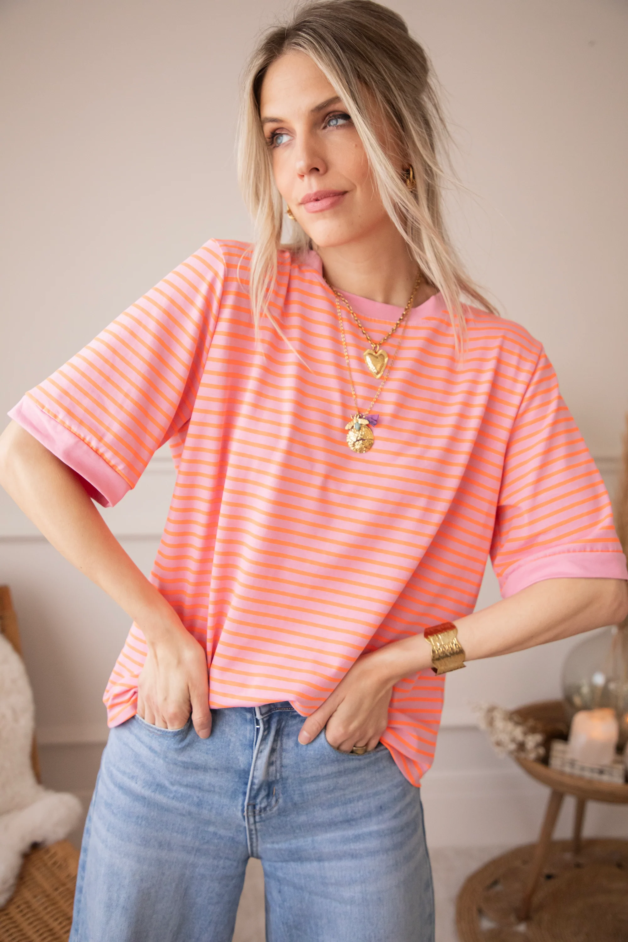 Sadie Stripe Baby Pink/Orange - T-Shirt - Image 7