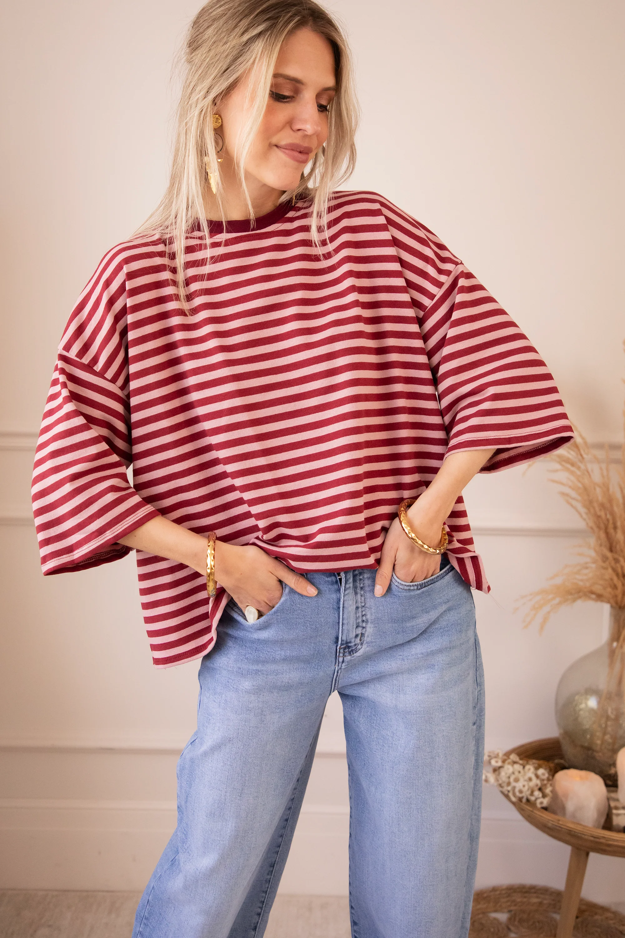 Sadie Stripe Bow Pink/Bordeaux - T-Shirt - Image 2