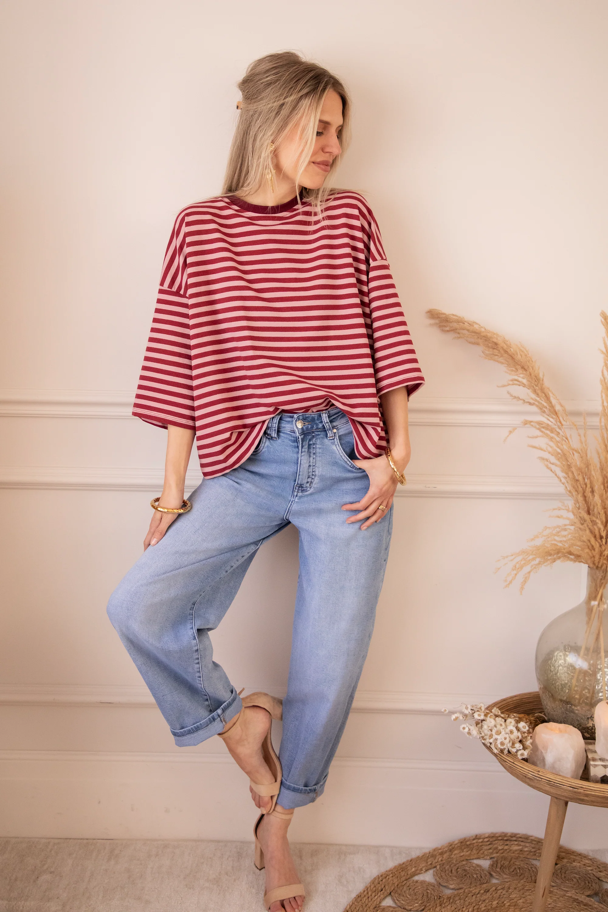 Sadie Stripe Bow Pink/Bordeaux - T-Shirt - Image 3