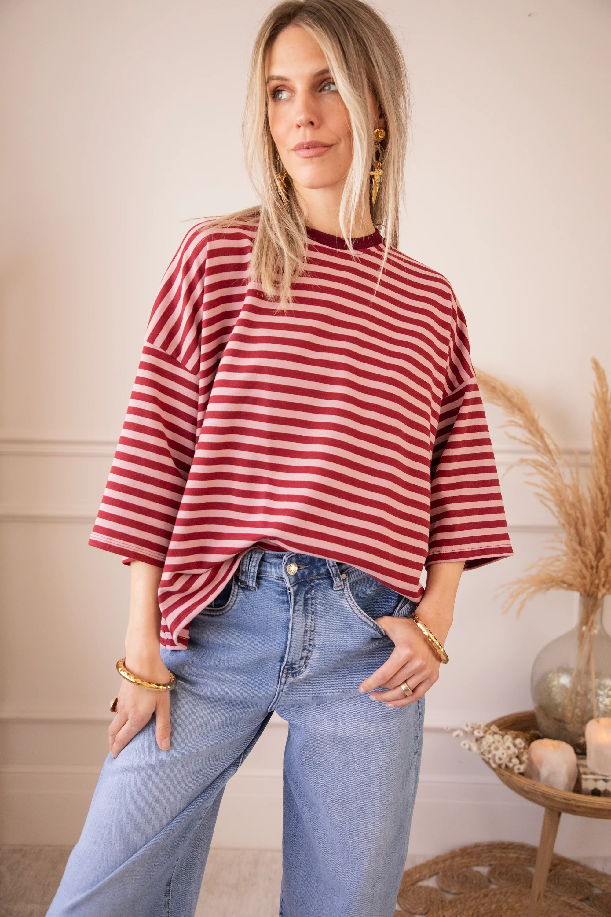 Sadie Stripe Bow Pink/Bordeaux - T-Shirt - Image 8