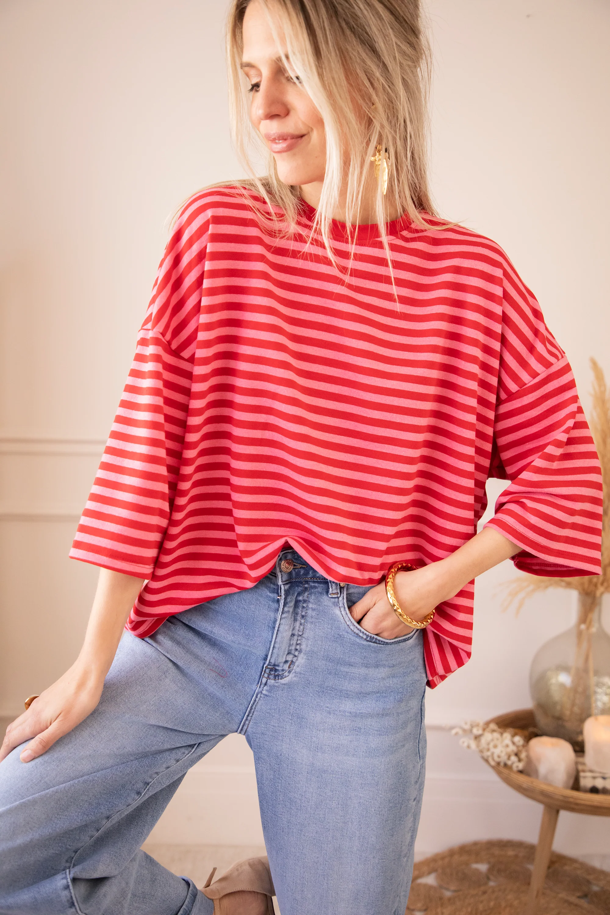 Sadie Stripe Bow Pink/Red - T-Shirt - Image 4