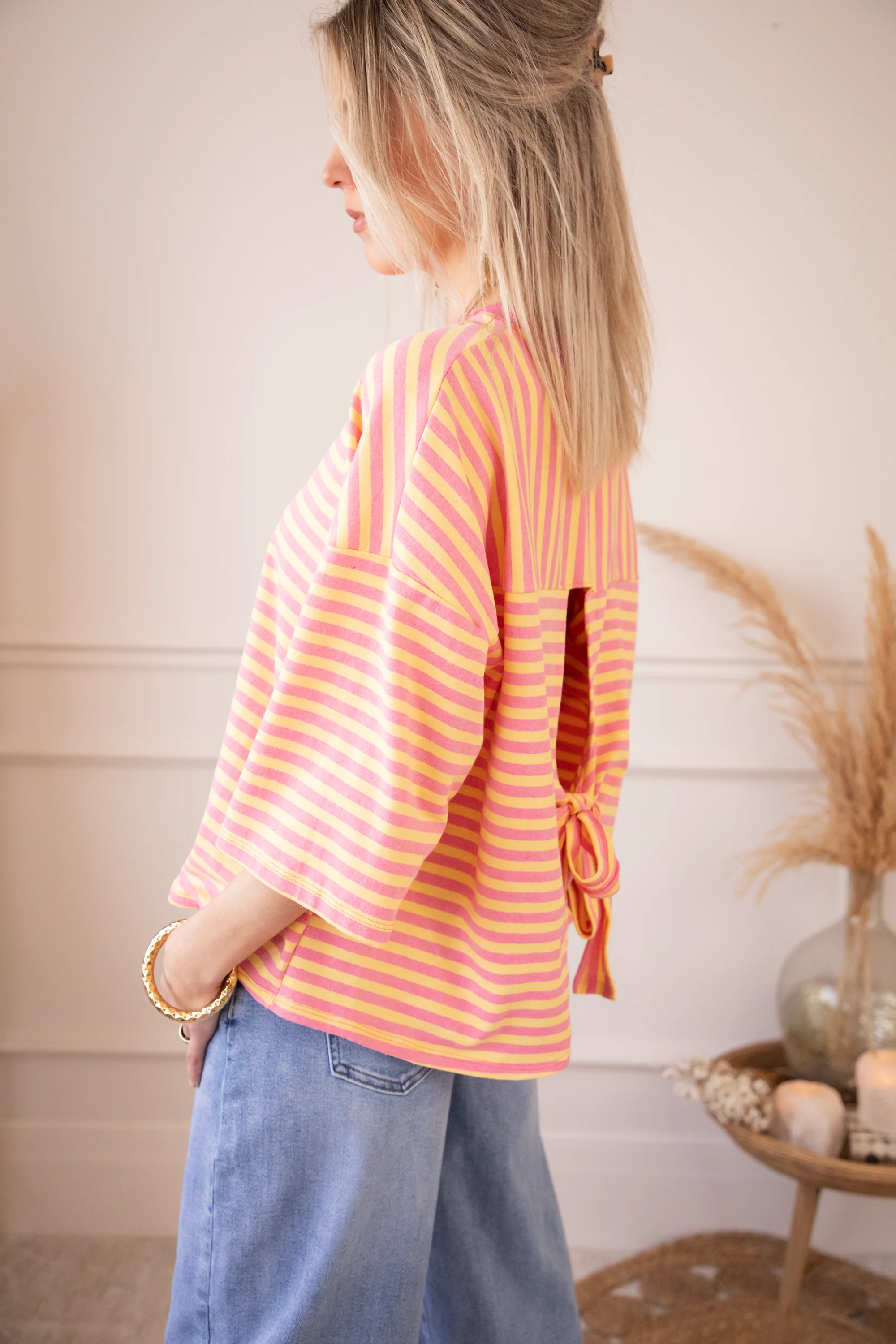 Sadie Stripe Bow Pink/Yellow - T-Shirt - Image 3