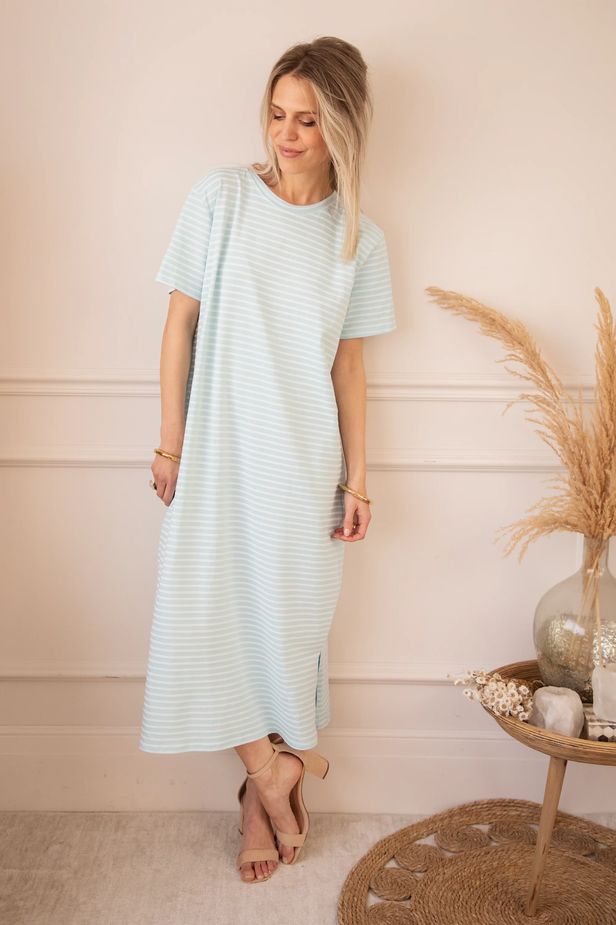 Sadie Stripe Light Blue/Beige - Maxi Jurk