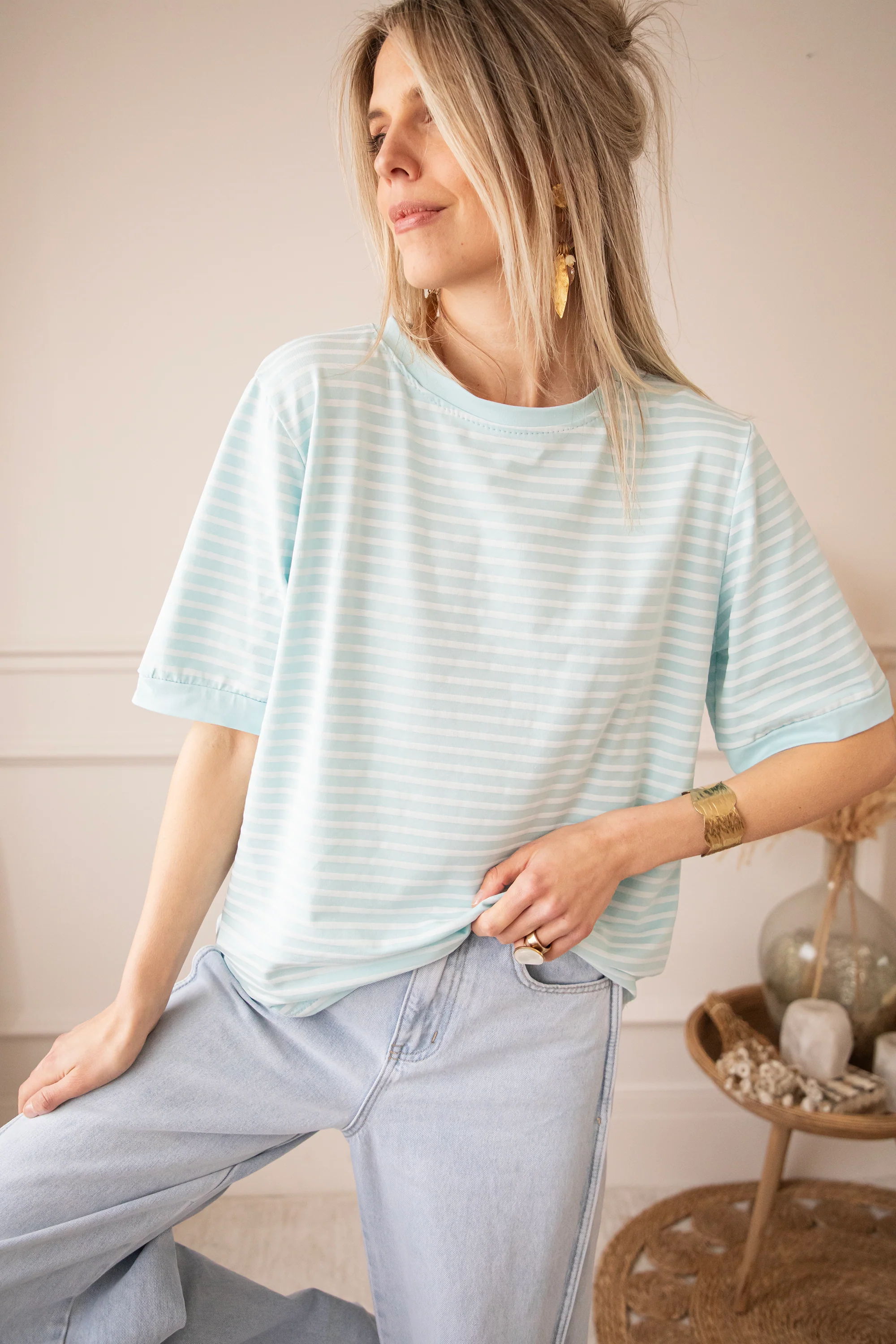Sadie Stripe Light Blue/Beige - T-Shirt - Image 3