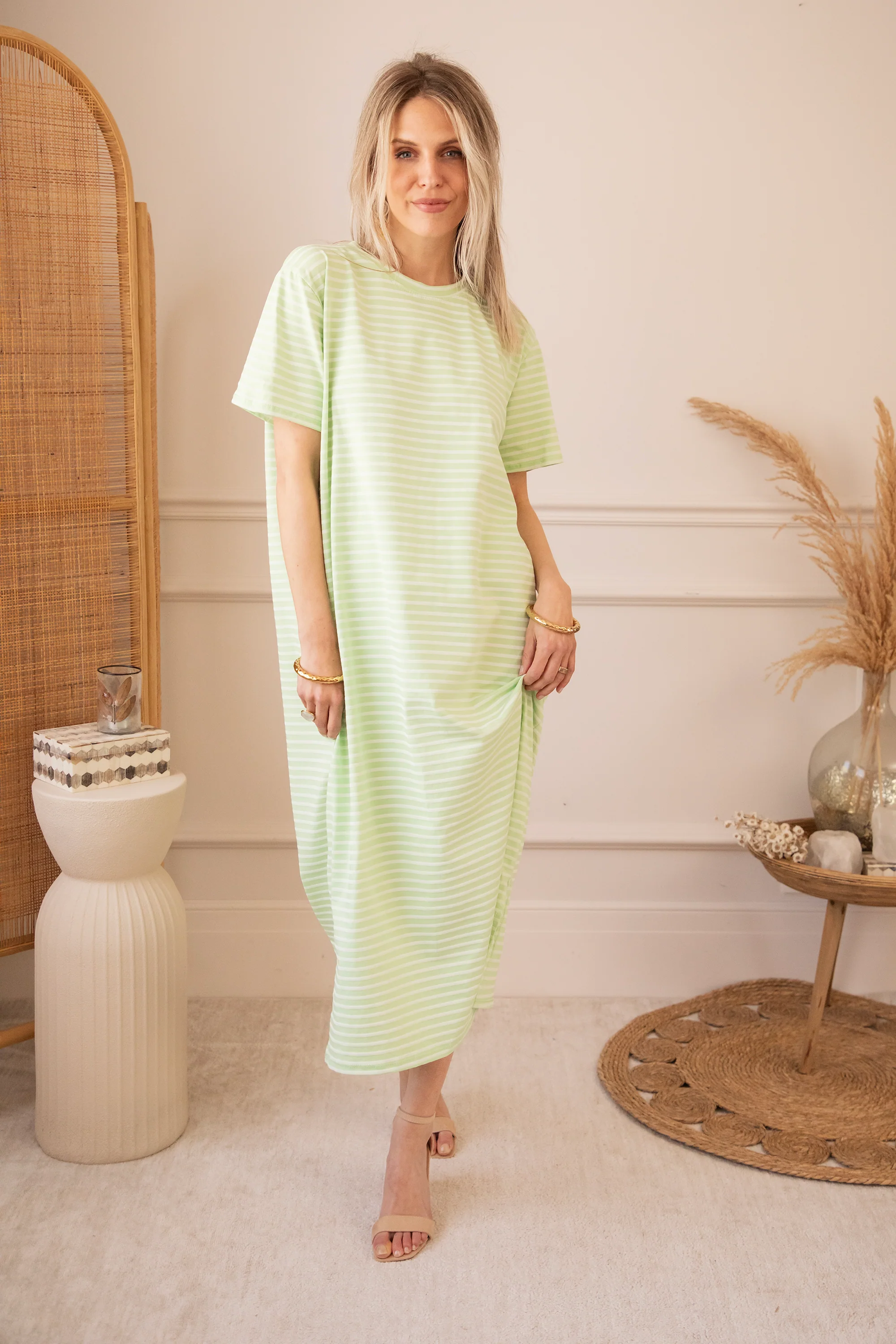 Sadie Stripe Lime/Beige - Maxi Jurk