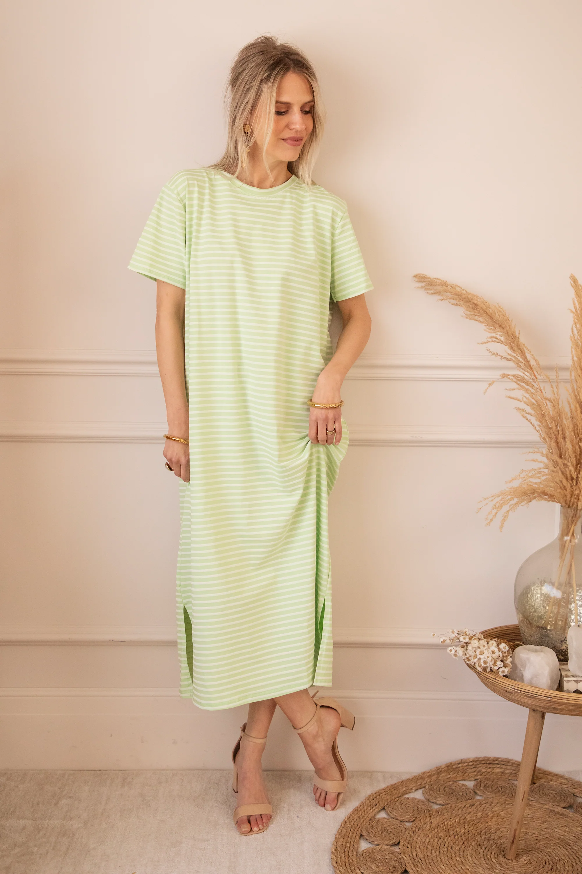Sadie Stripe Lime/Beige - Maxi Jurk - Image 3