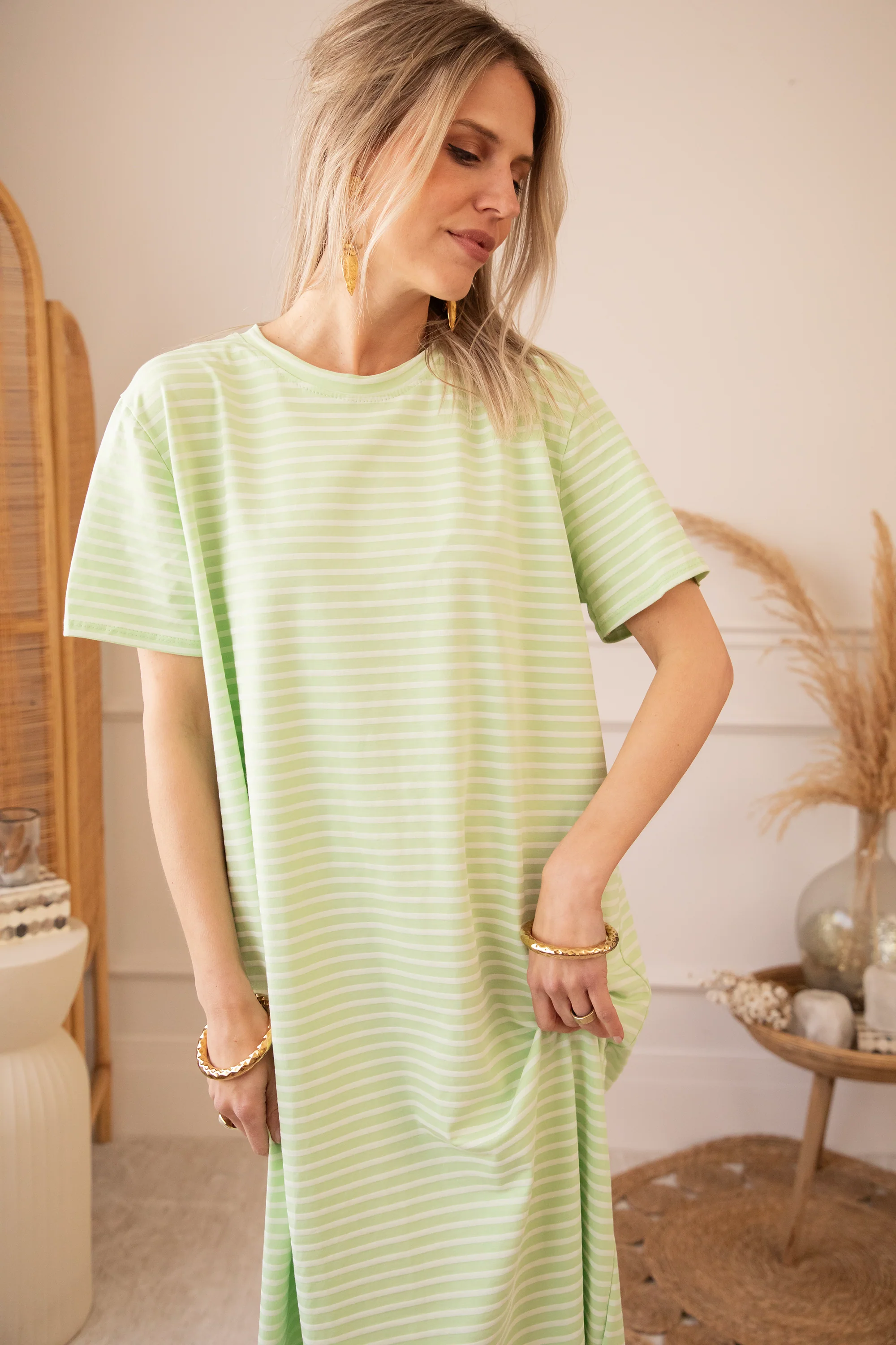 Sadie Stripe Lime/Beige - Maxi Jurk - Image 4