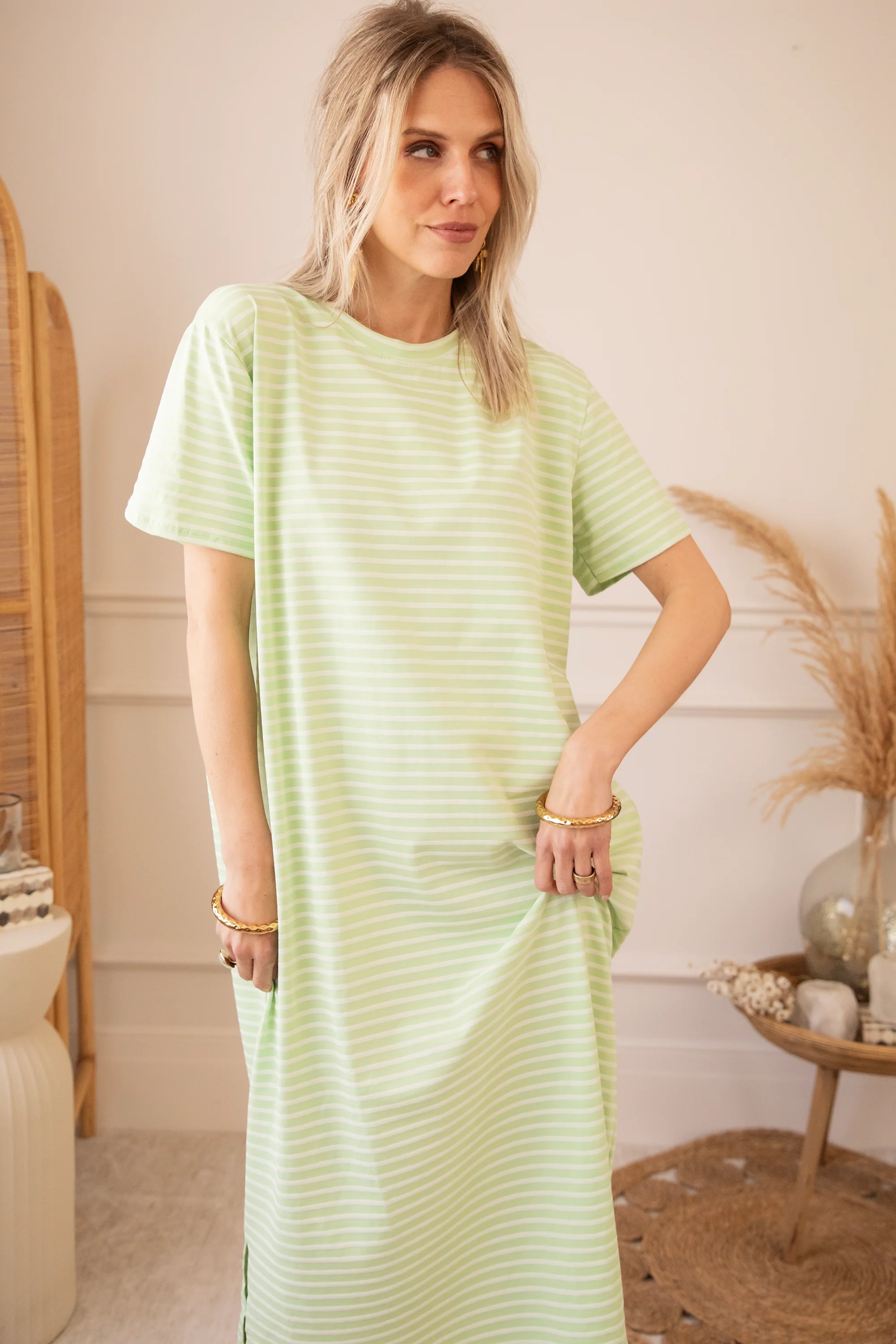 Sadie Stripe Lime/Beige - Maxi Jurk - Image 6