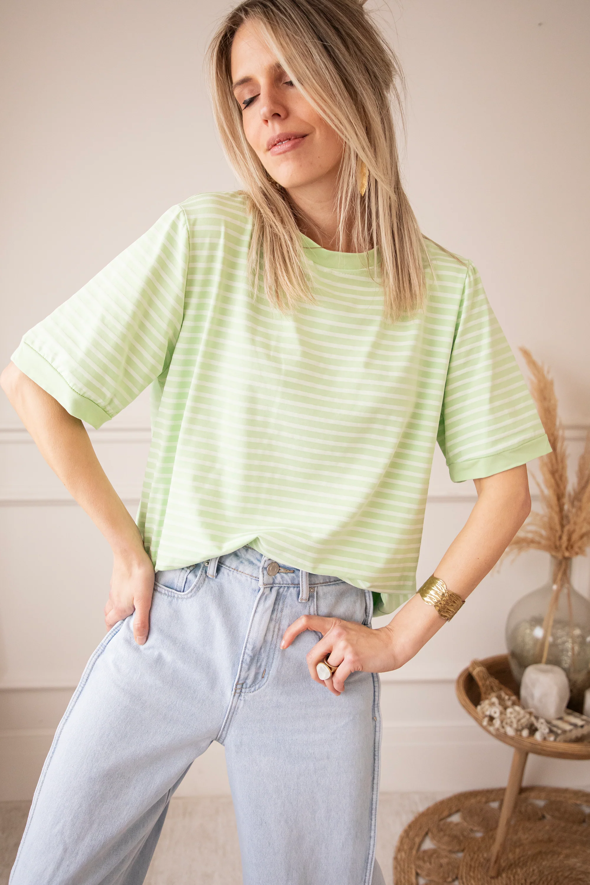 Sadie Stripe Lime/Beige - T-Shirt - Image 3