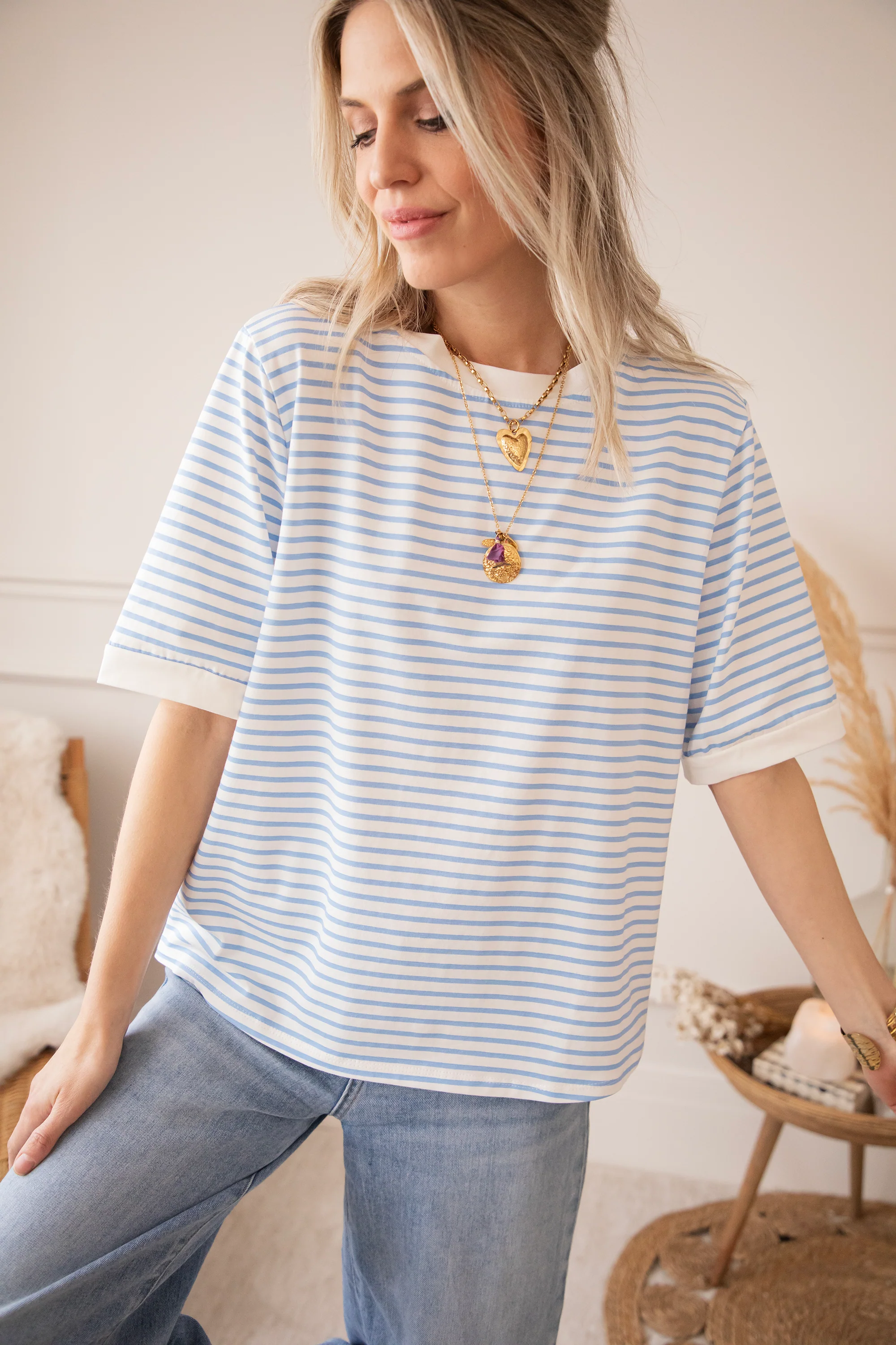 Sadie Stripe Off White/Baby Blue - T-Shirt - Image 2