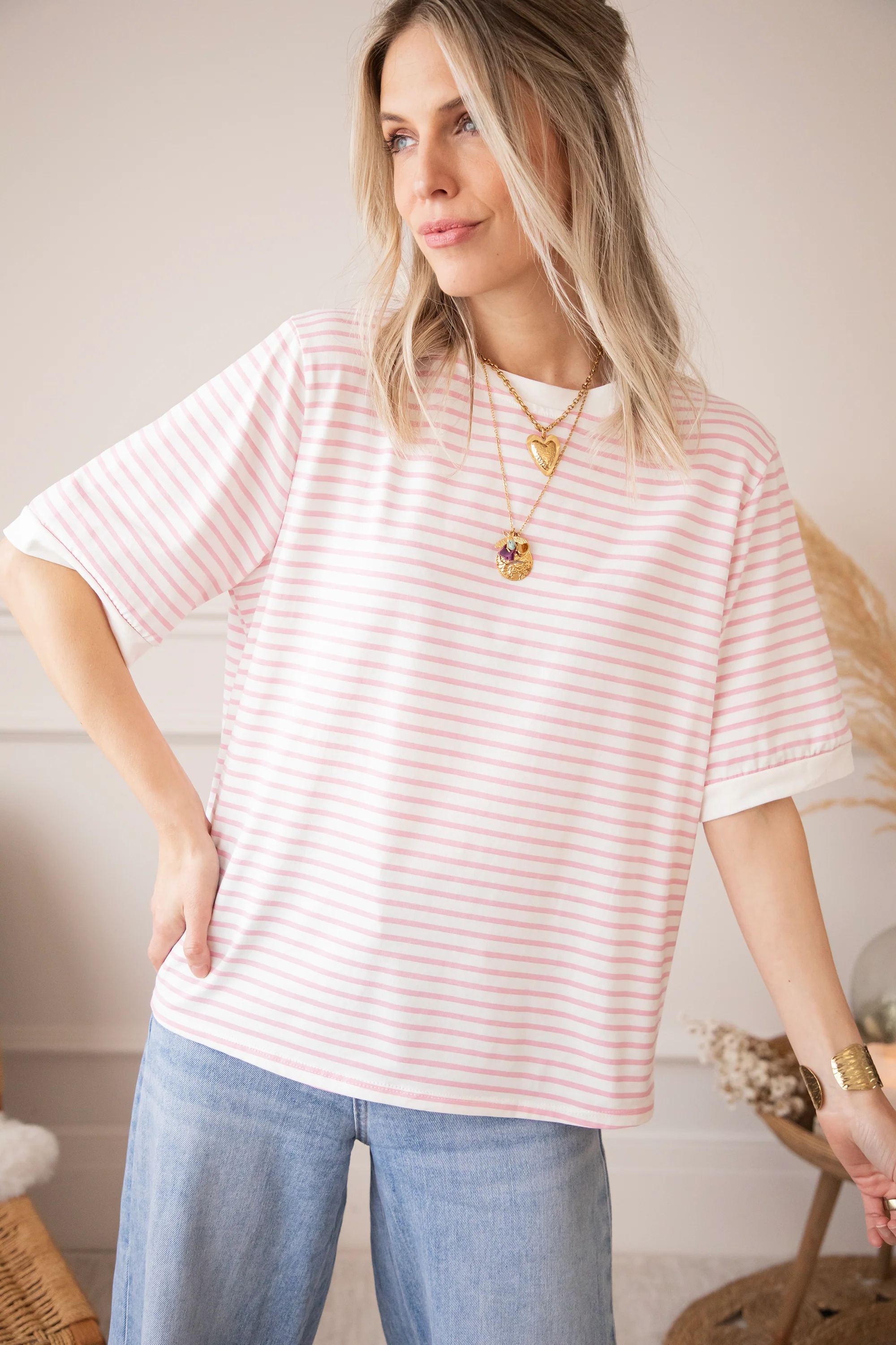 Sadie Stripe Off White/Baby Pink - T-Shirt - Image 4