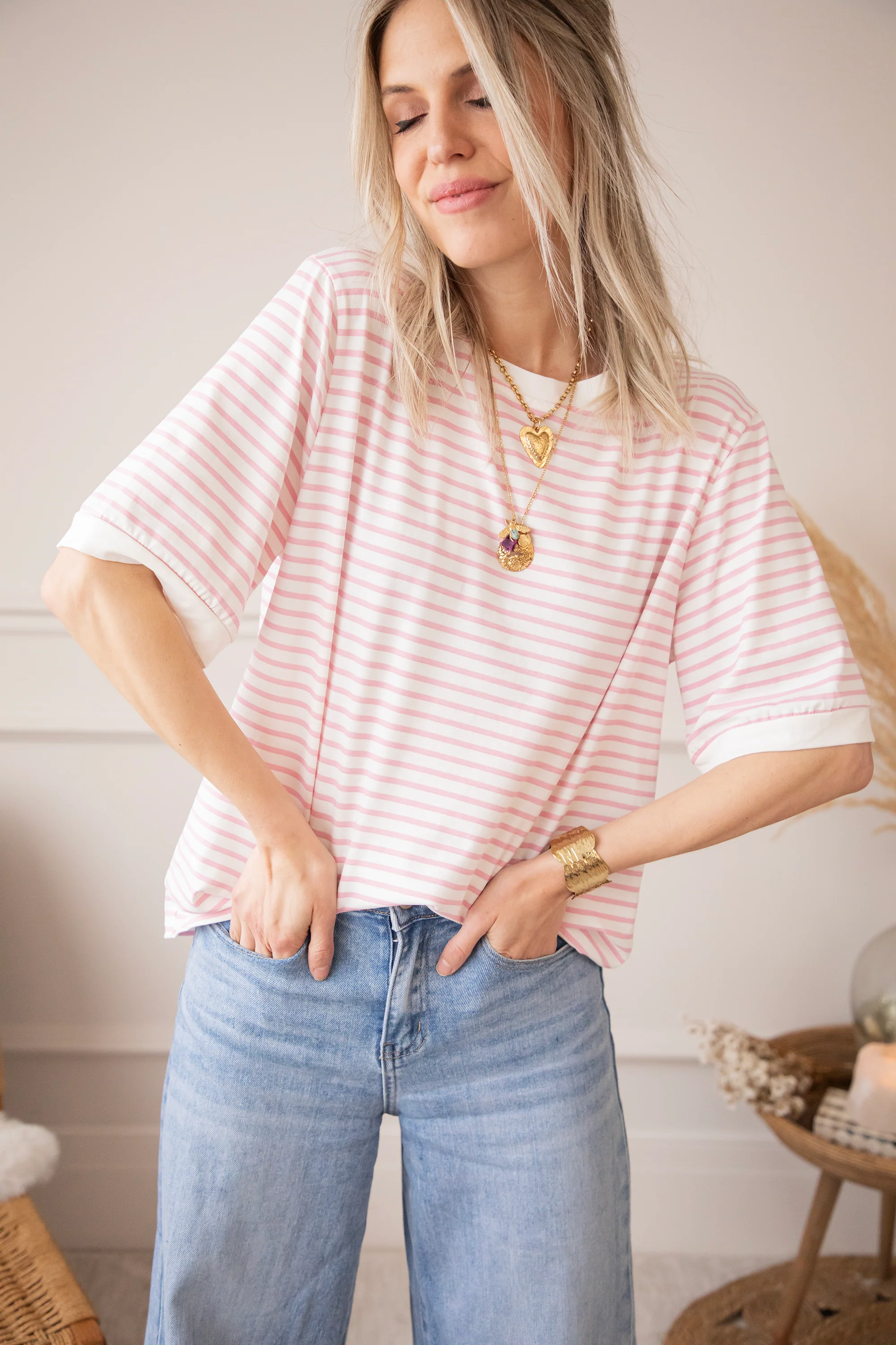 Sadie Stripe Off White/Baby Pink - T-Shirt - Image 5