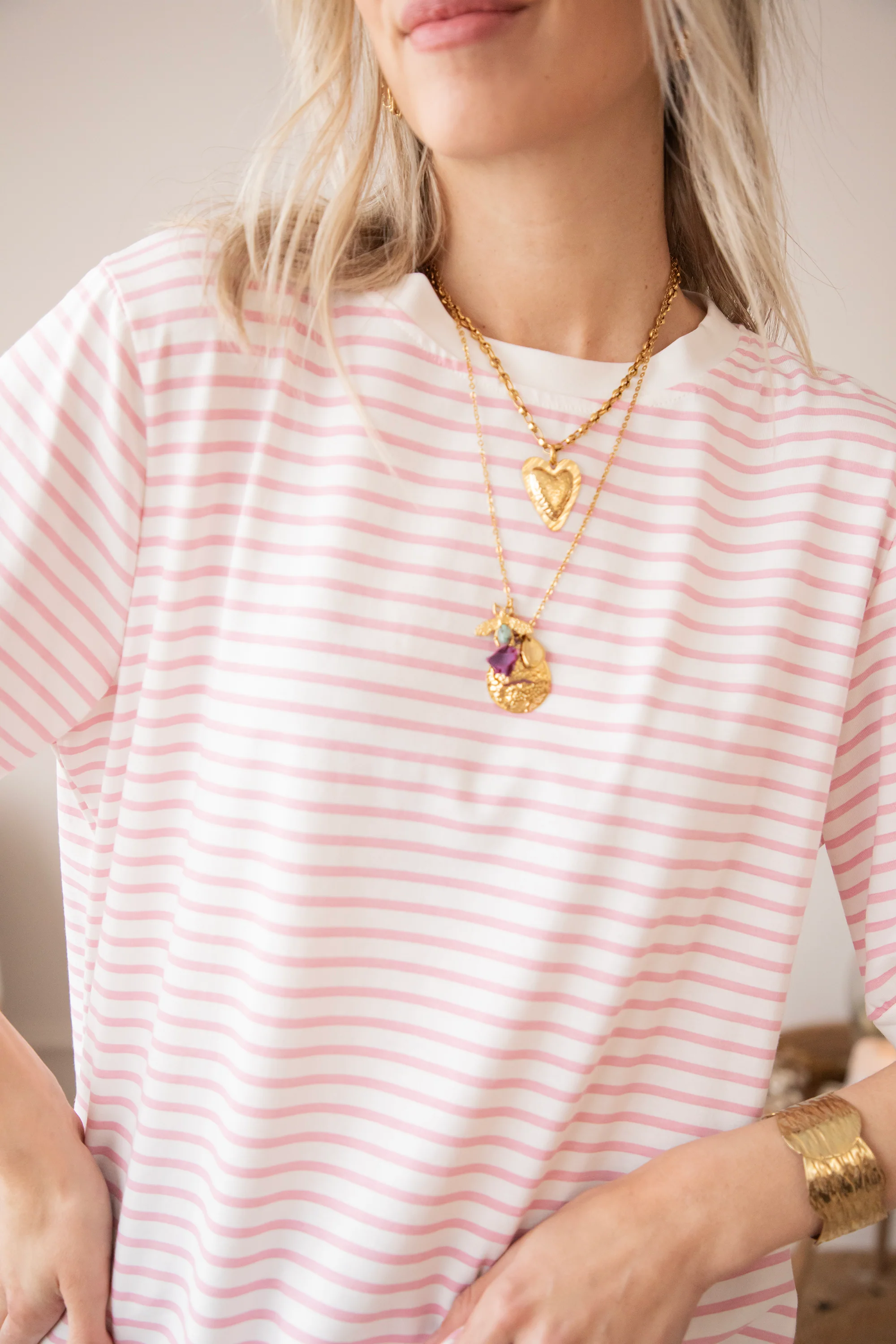 Sadie Stripe Off White/Baby Pink - T-Shirt - Image 6