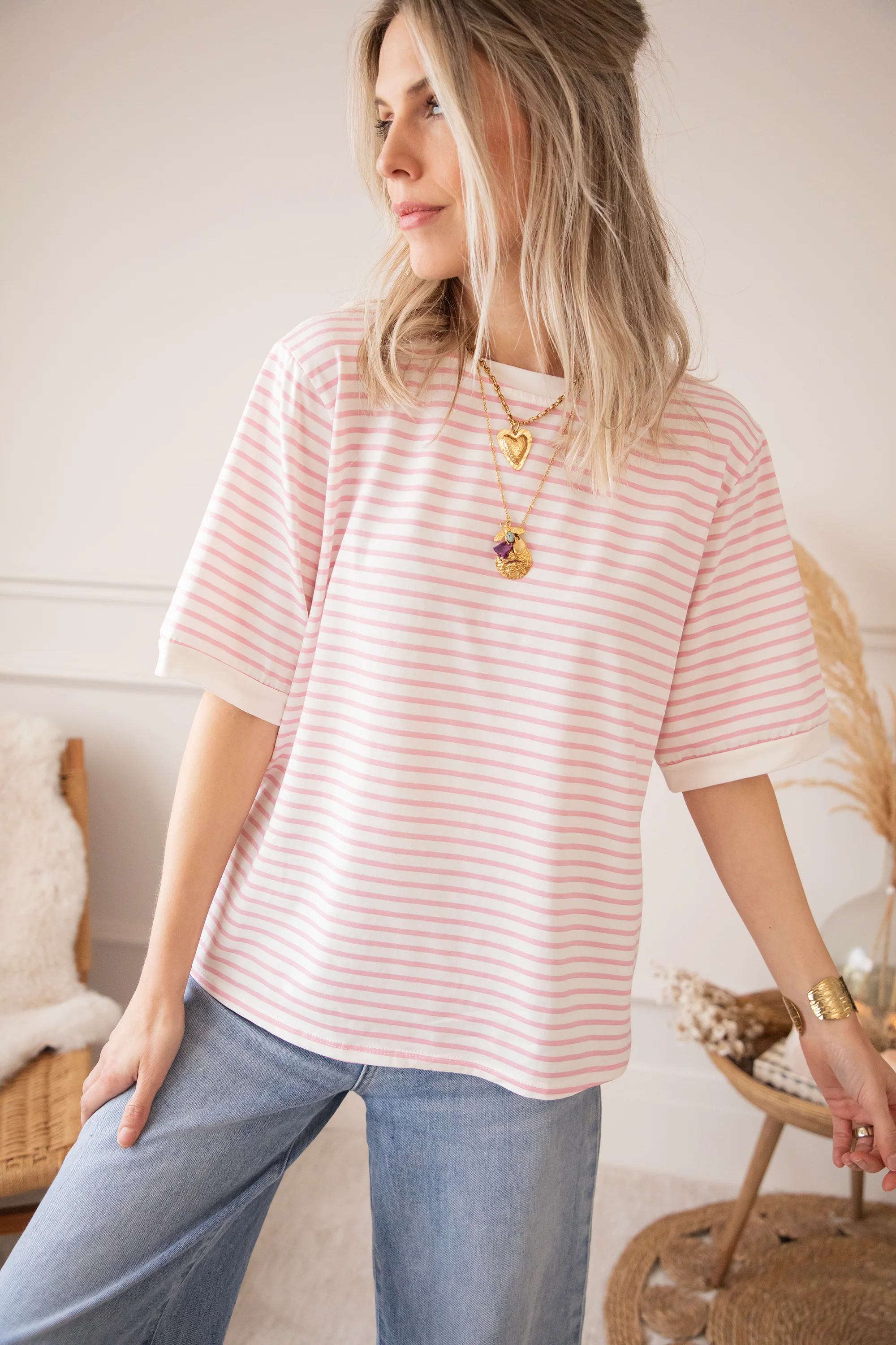 Sadie Stripe Off White/Baby Pink - T-Shirt - Image 7