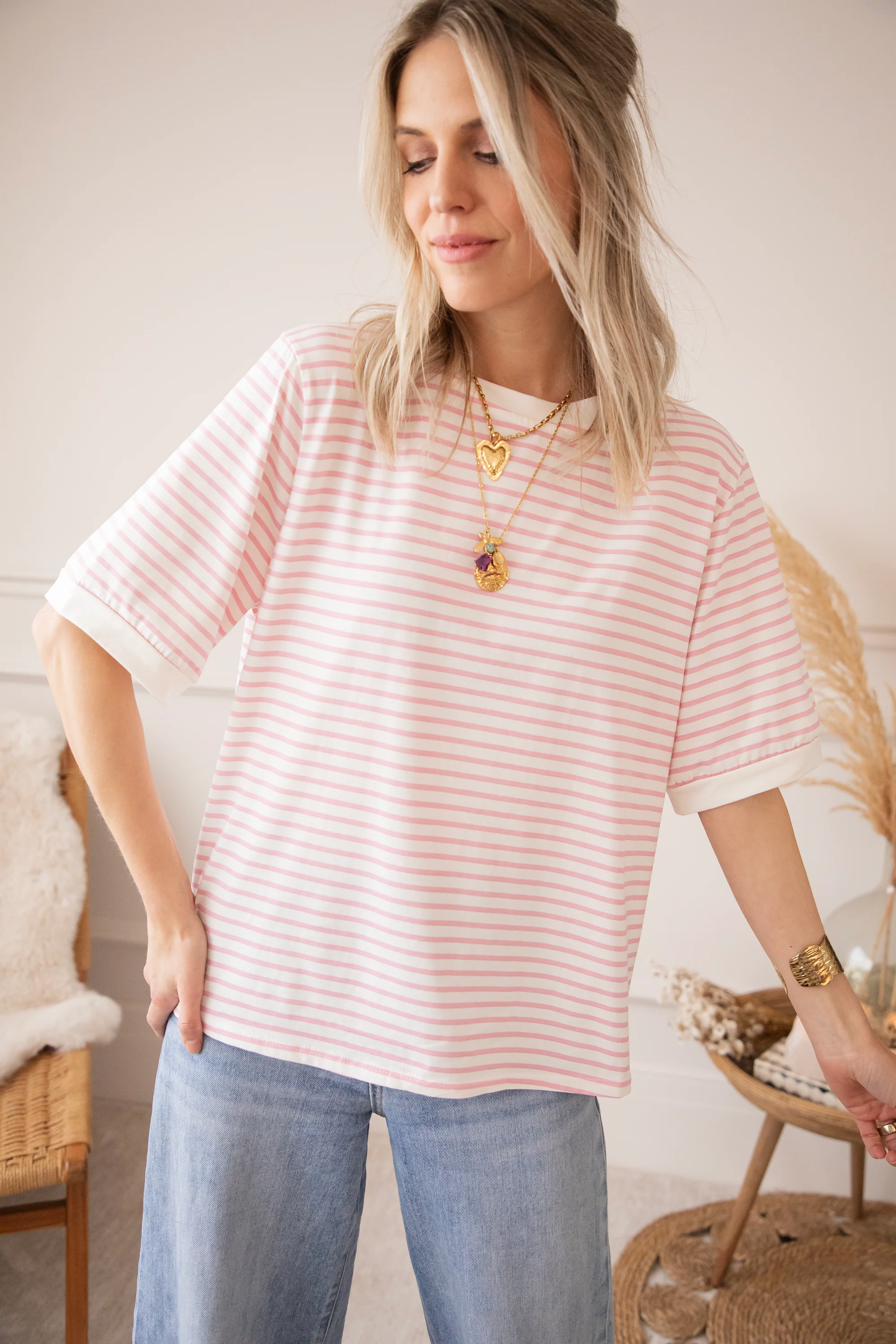 Sadie Stripe Off White/Baby Pink - T-Shirt - Image 8