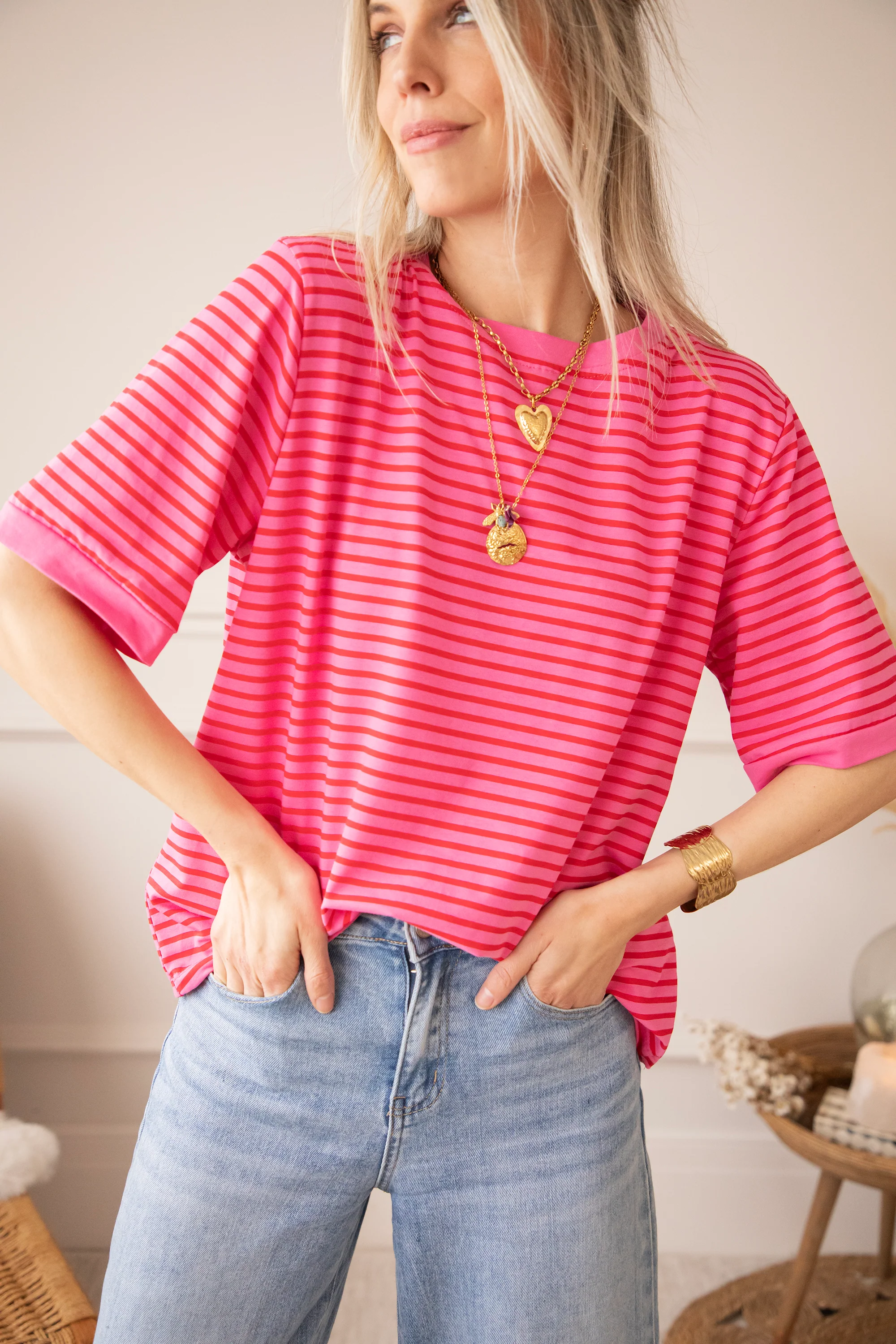 Sadie Stripe Pink/Red - T-Shirt - Image 8